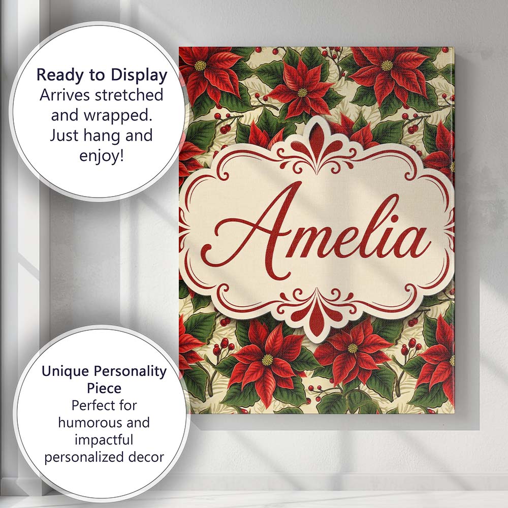 Personalised Name Traditional Poinsettia Custom  Unique Gift Idea Elegant Feature Canvas Wall Art Print Decor Picture Ready to Hang
