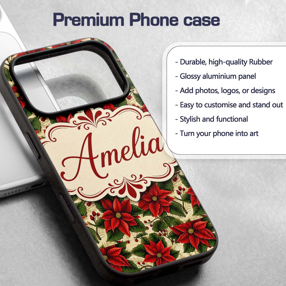 Traditional Poinsettia Holly Berry Christmas Custom Name Protective Phone Case Mobile Cover Durable Everyday Smartphone Shock Resistant
