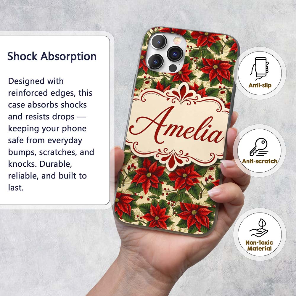 Traditional Poinsettia Holly Berry Christmas Custom Name Protective Phone Case Mobile Cover Durable Everyday Smartphone Shock Resistant