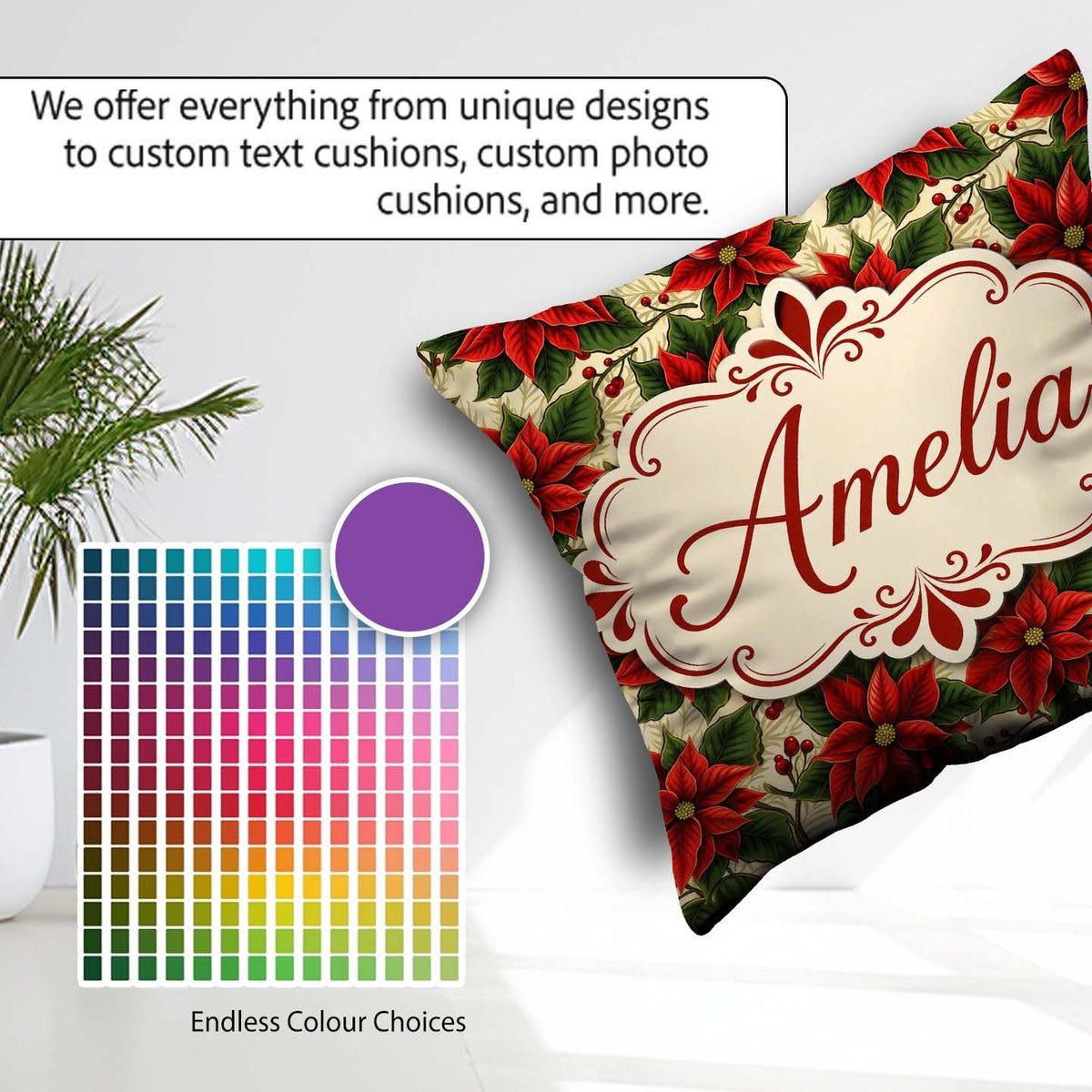 Custom Name Traditional Holly Berry Christmas Botanical Seamless Square Filled Cushion Throw Pillow Sofa Bed Home Decor Zip Washable UK Made