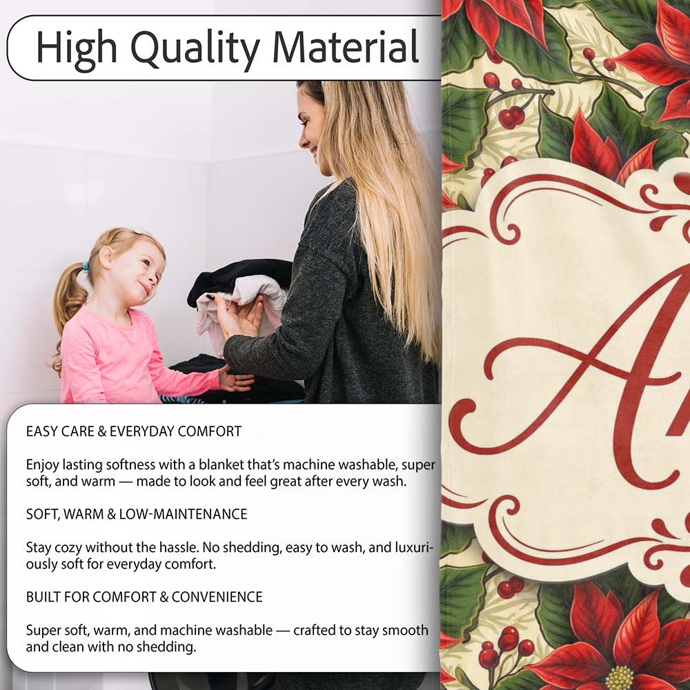 Traditional Poinsettia Holly Berry Christmas Botanical Seamless  Personalised Custom Name Super Soft Fleece Blanket Bed Sofa Throw