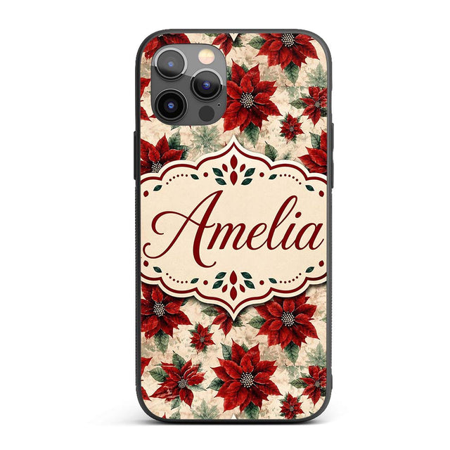 Elegant Beige Background Poinsettia Floral Printed Design Custom Name Protective Phone Case Mobile Cover Durable Smartphone Shock Resistant