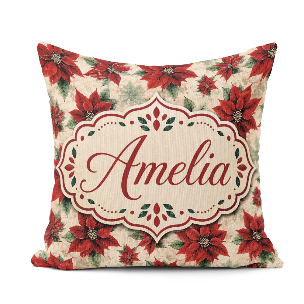 Custom Name Elegant Beige Background Poinsettia Classic Seamless Square Filled Cushion Throw Pillow Sofa Bed Home Decor Zip Washable UK Made