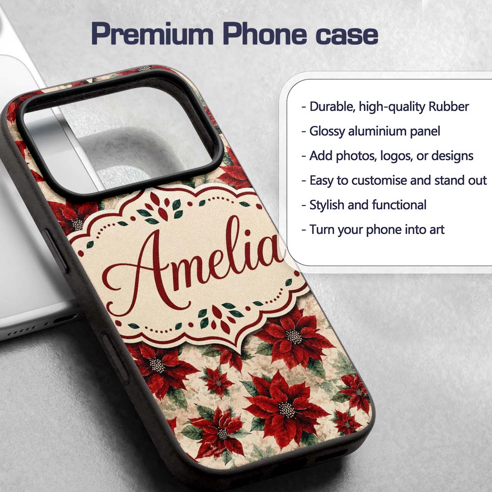 Elegant Beige Background Poinsettia Floral Printed Design Custom Name Protective Phone Case Mobile Cover Durable Smartphone Shock Resistant