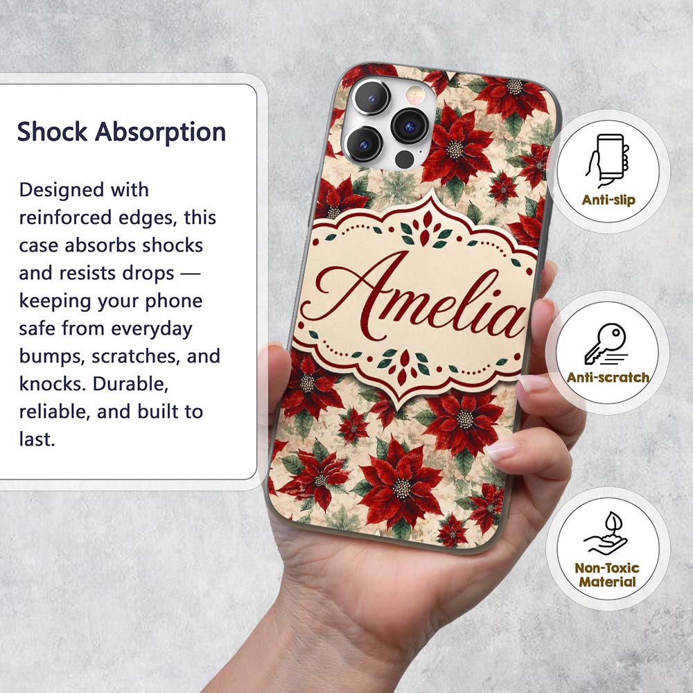 Elegant Beige Background Poinsettia Floral Printed Design Custom Name Protective Phone Case Mobile Cover Durable Smartphone Shock Resistant