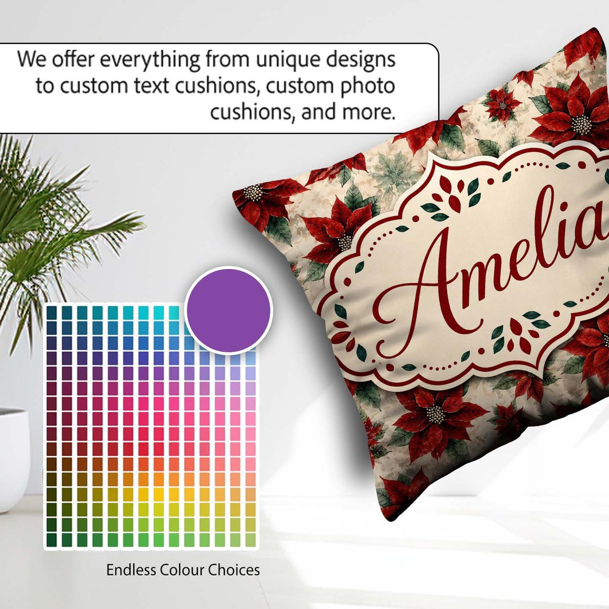 Custom Name Elegant Beige Background Poinsettia Classic Seamless Square Filled Cushion Throw Pillow Sofa Bed Home Decor Zip Washable UK Made