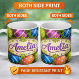 Personalized Custom Name Colourful Easter Eggs with Polka Dots and Stripes on Fresh Grass 11oz Ceramic Coffee Tea Mug White Large Handle