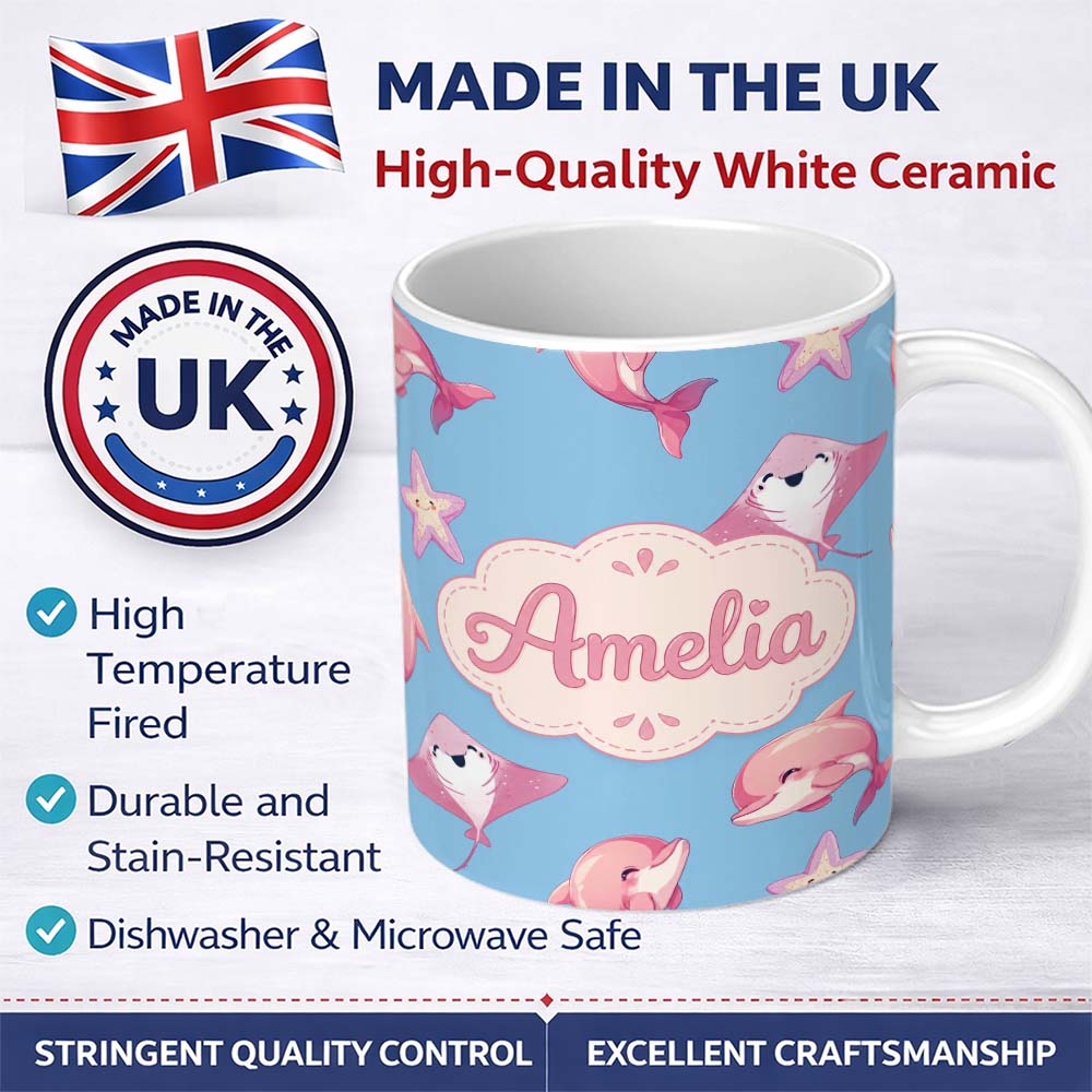 Personalized Custom Name Cute Pink Dolphins and Starfish Seamless Ocean Pattern Soft Blue 11oz Ceramic Coffee Tea Mug White Large Handle