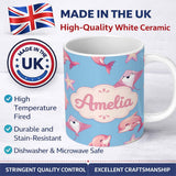 Personalized Custom Name Cute Pink Dolphins and Starfish Seamless Ocean Pattern Soft Blue 11oz Ceramic Coffee Tea Mug White Large Handle