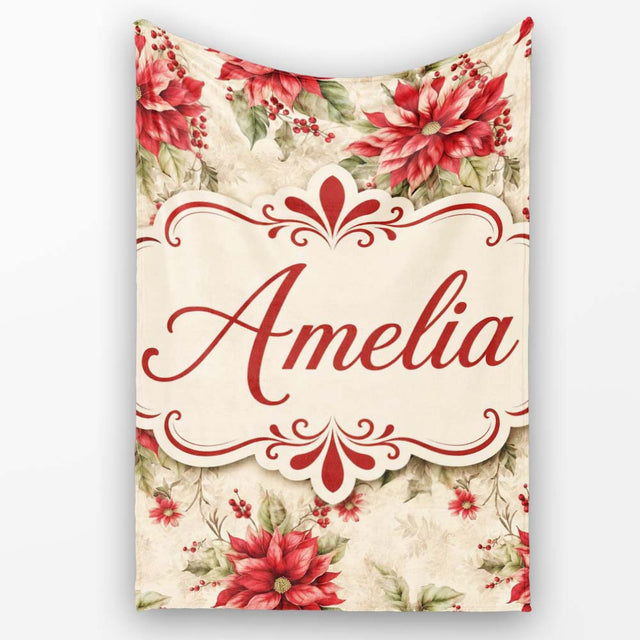 Botanical Poinsettia and Foliage Christmas Garden Seamless Pattern  Personalised Custom Name Super Soft Fleece Blanket Bed Sofa Throw