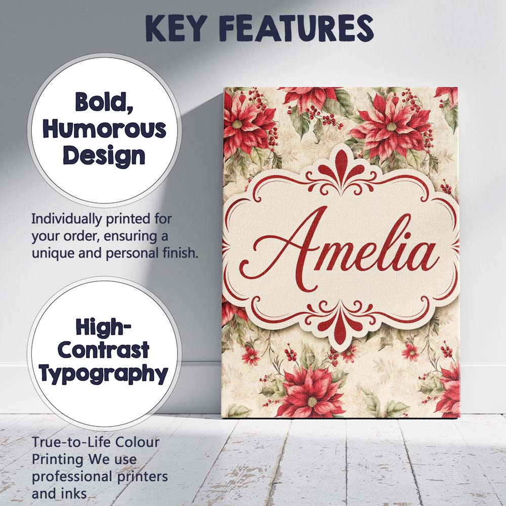 Personalised Name Botanical Poinsettia and Custom  Unique Gift Idea Elegant Feature Canvas Wall Art Print Decor Picture Ready to Hang