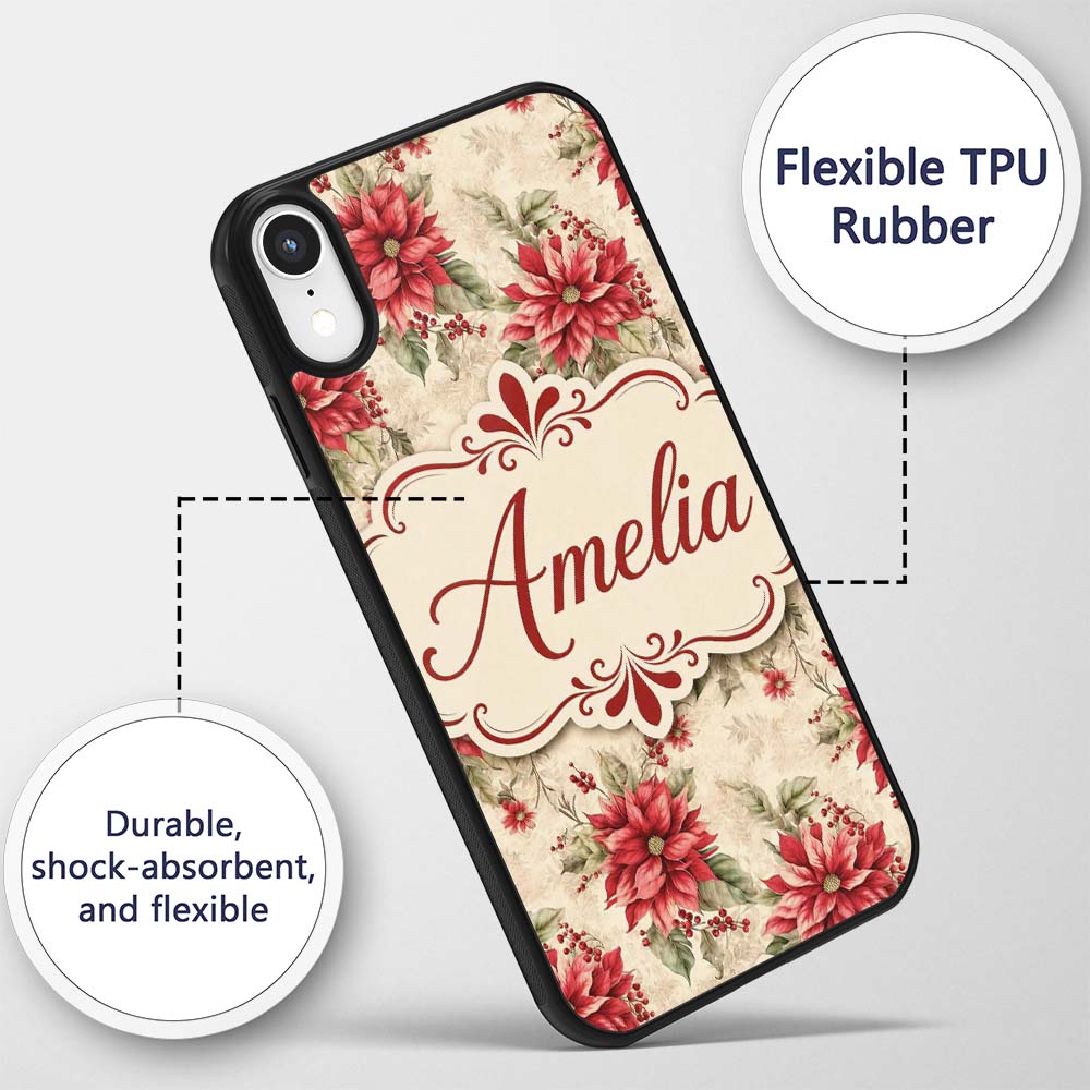 Botanical Poinsettia and Foliage Christmas Garden Custom Name Protective Phone Case Mobile Cover Durable Everyday Smartphone Shock Resistant