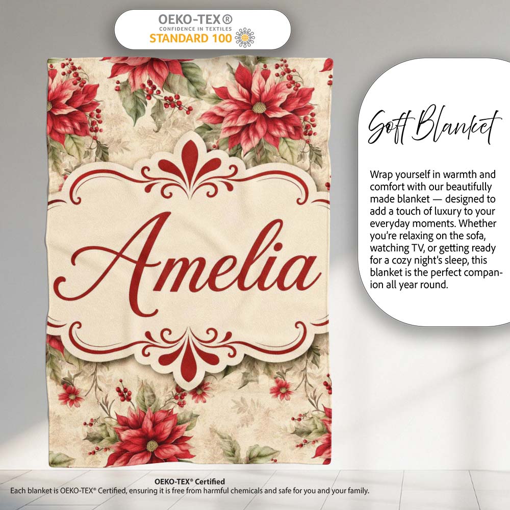 Botanical Poinsettia and Foliage Christmas Garden Seamless Pattern  Personalised Custom Name Super Soft Fleece Blanket Bed Sofa Throw