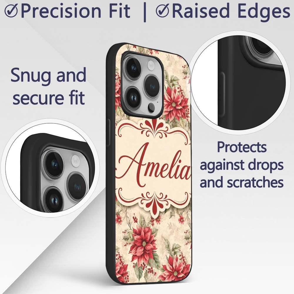 Botanical Poinsettia and Foliage Christmas Garden Custom Name Protective Phone Case Mobile Cover Durable Everyday Smartphone Shock Resistant