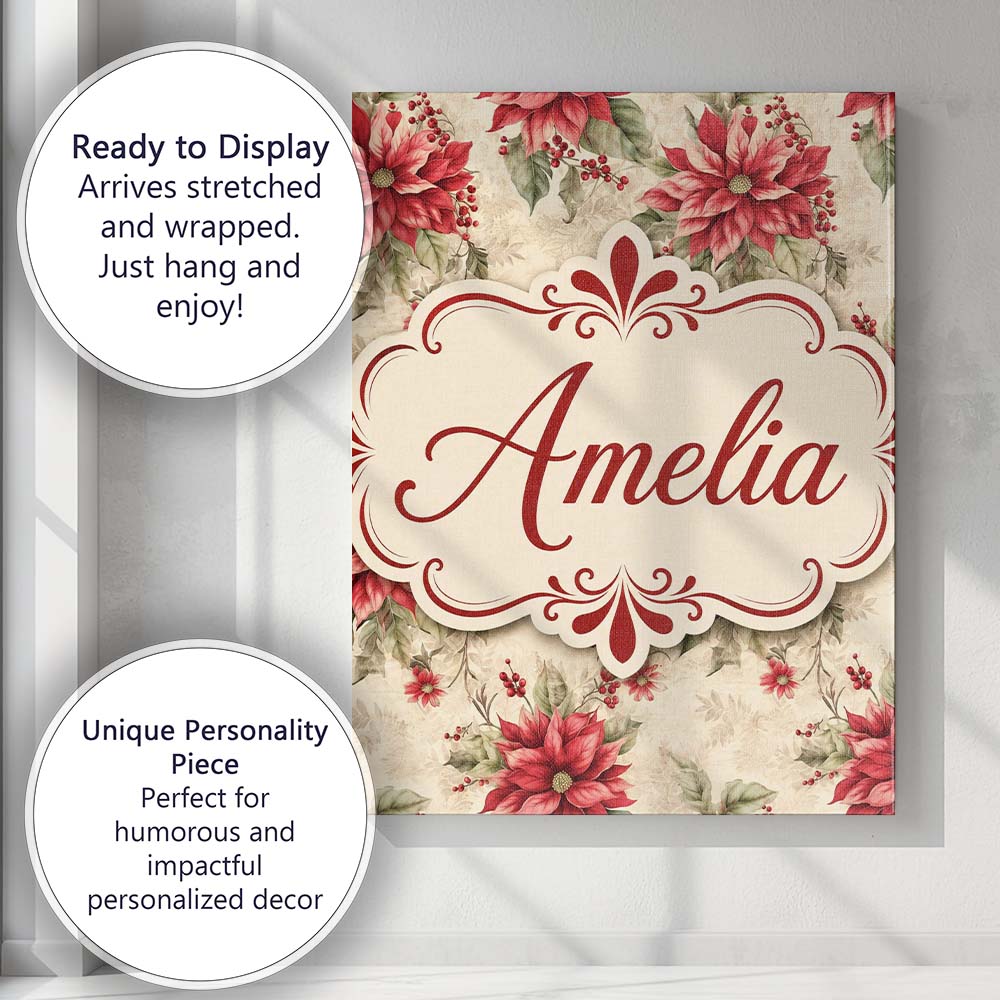 Personalised Name Botanical Poinsettia and Custom  Unique Gift Idea Elegant Feature Canvas Wall Art Print Decor Picture Ready to Hang
