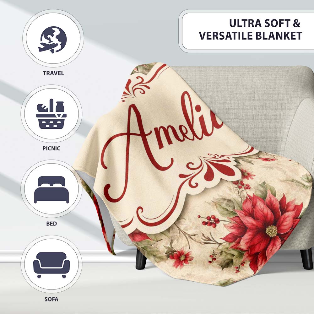 Botanical Poinsettia and Foliage Christmas Garden Seamless Pattern  Personalised Custom Name Super Soft Fleece Blanket Bed Sofa Throw