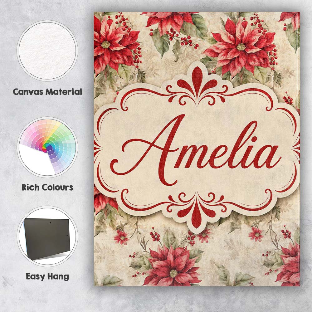 Personalised Name Botanical Poinsettia and Custom  Unique Gift Idea Elegant Feature Canvas Wall Art Print Decor Picture Ready to Hang
