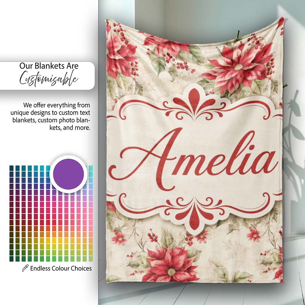 Botanical Poinsettia and Foliage Christmas Garden Seamless Pattern  Personalised Custom Name Super Soft Fleece Blanket Bed Sofa Throw