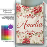 Botanical Poinsettia and Foliage Christmas Garden Seamless Pattern  Personalised Custom Name Super Soft Fleece Blanket Bed Sofa Throw
