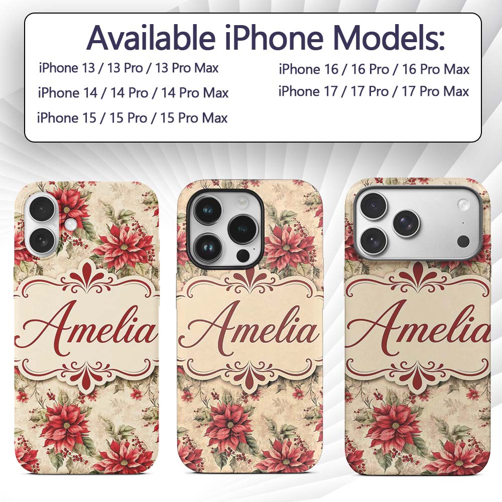 Botanical Poinsettia and Foliage Christmas Garden Custom Name Protective Phone Case Mobile Cover Durable Everyday Smartphone Shock Resistant