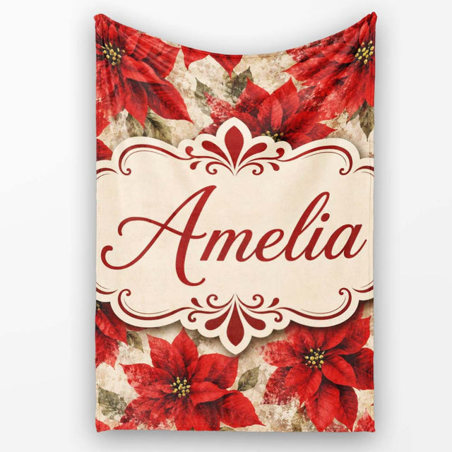 Watercolour Red Poinsettia and Leaves Soft Festive Seamless Pattern  Personalised Custom Name Super Soft Fleece Blanket Bed Sofa Throw
