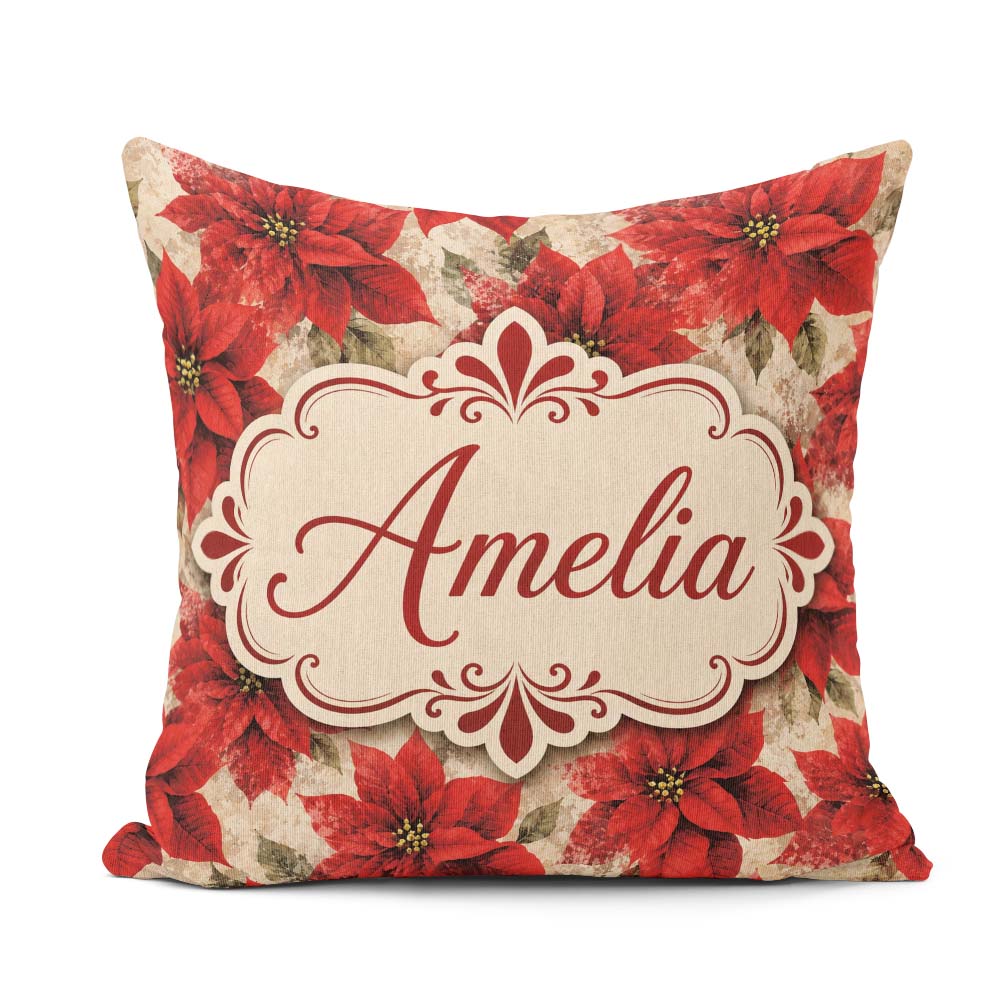 Custom Name Watercolour Red Poinsettia and Soft Festive Seamless Square Filled Cushion Throw Pillow Sofa Bed Home Decor Zip Washable UK Made