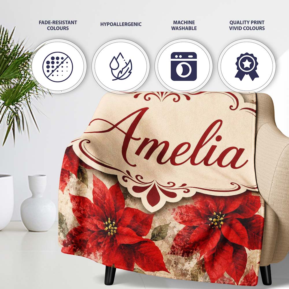 Watercolour Red Poinsettia and Leaves Soft Festive Seamless Pattern  Personalised Custom Name Super Soft Fleece Blanket Bed Sofa Throw