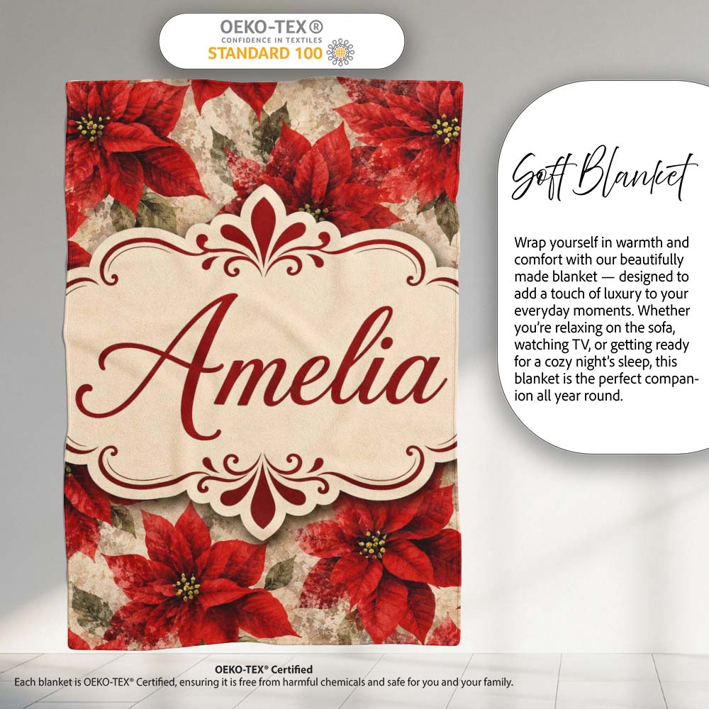 Watercolour Red Poinsettia and Leaves Soft Festive Seamless Pattern  Personalised Custom Name Super Soft Fleece Blanket Bed Sofa Throw