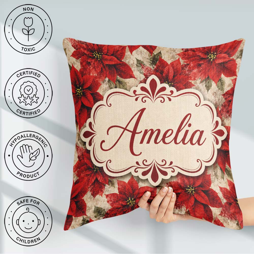 Custom Name Watercolour Red Poinsettia and Soft Festive Seamless Square Filled Cushion Throw Pillow Sofa Bed Home Decor Zip Washable UK Made