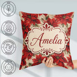 Custom Name Watercolour Red Poinsettia and Soft Festive Seamless Square Filled Cushion Throw Pillow Sofa Bed Home Decor Zip Washable UK Made