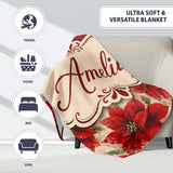 Watercolour Red Poinsettia and Leaves Soft Festive Seamless Pattern  Personalised Custom Name Super Soft Fleece Blanket Bed Sofa Throw