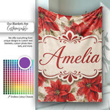 Watercolour Red Poinsettia and Leaves Soft Festive Seamless Pattern  Personalised Custom Name Super Soft Fleece Blanket Bed Sofa Throw