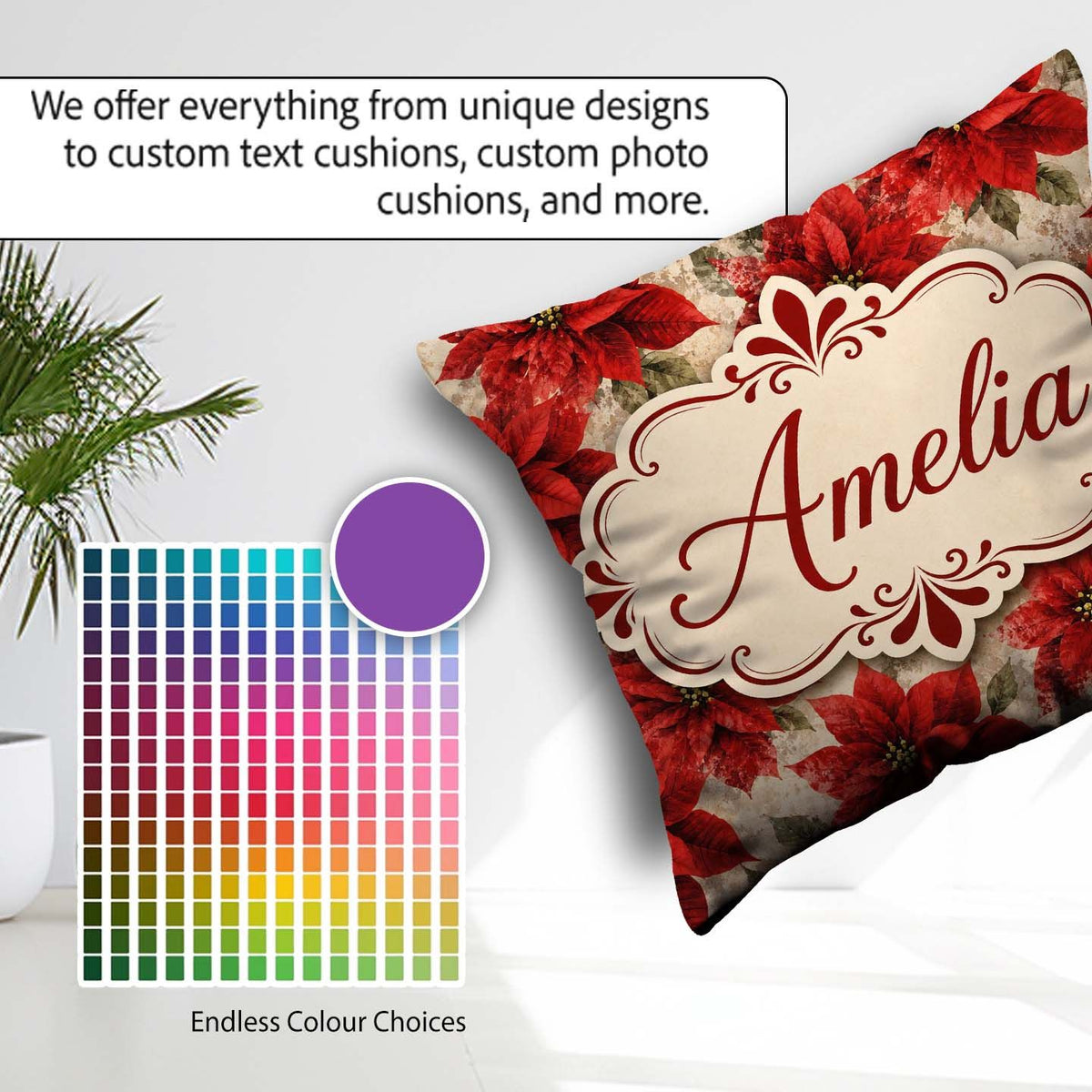 Custom Name Watercolour Red Poinsettia and Soft Festive Seamless Square Filled Cushion Throw Pillow Sofa Bed Home Decor Zip Washable UK Made