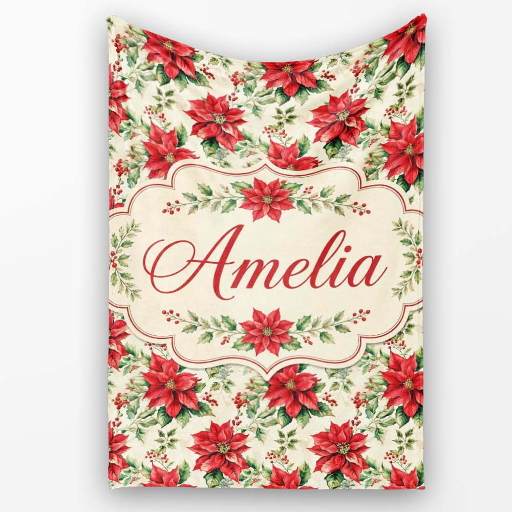 Classic Christmas Poinsettia Floral Cream Background Seamless Lovely  Personalised Custom Name Super Soft Fleece Blanket Bed Sofa Throw