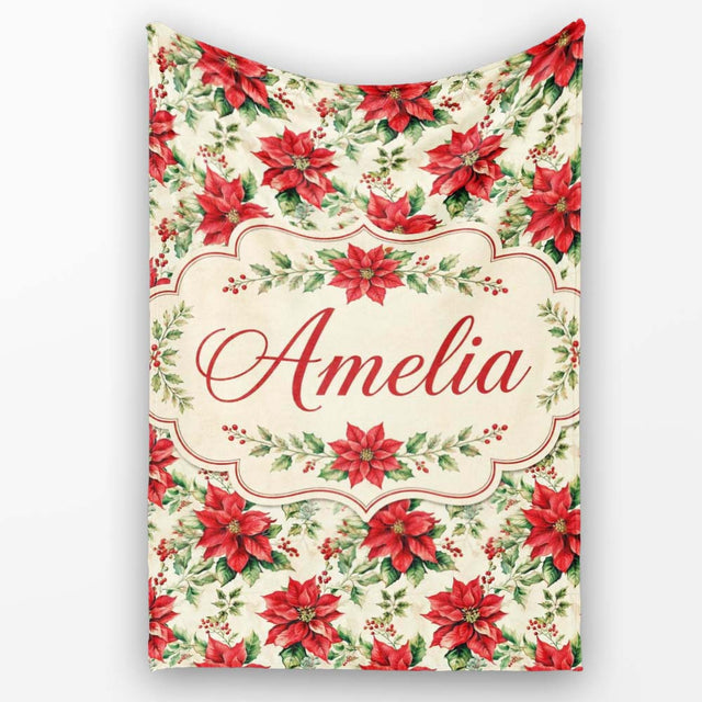 Classic Christmas Poinsettia Floral Cream Background Seamless Lovely  Personalised Custom Name Super Soft Fleece Blanket Bed Sofa Throw