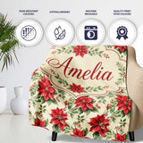 Classic Christmas Poinsettia Floral Cream Background Seamless Lovely  Personalised Custom Name Super Soft Fleece Blanket Bed Sofa Throw