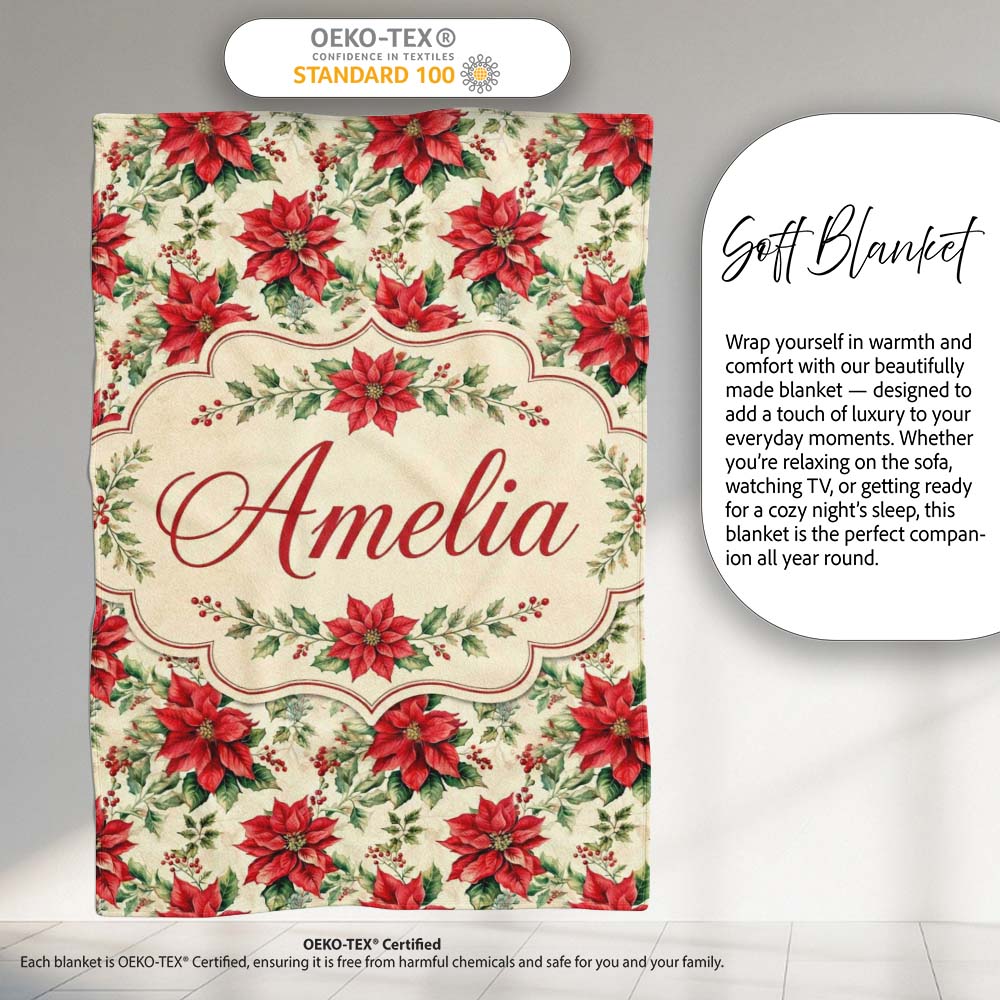 Classic Christmas Poinsettia Floral Cream Background Seamless Lovely  Personalised Custom Name Super Soft Fleece Blanket Bed Sofa Throw