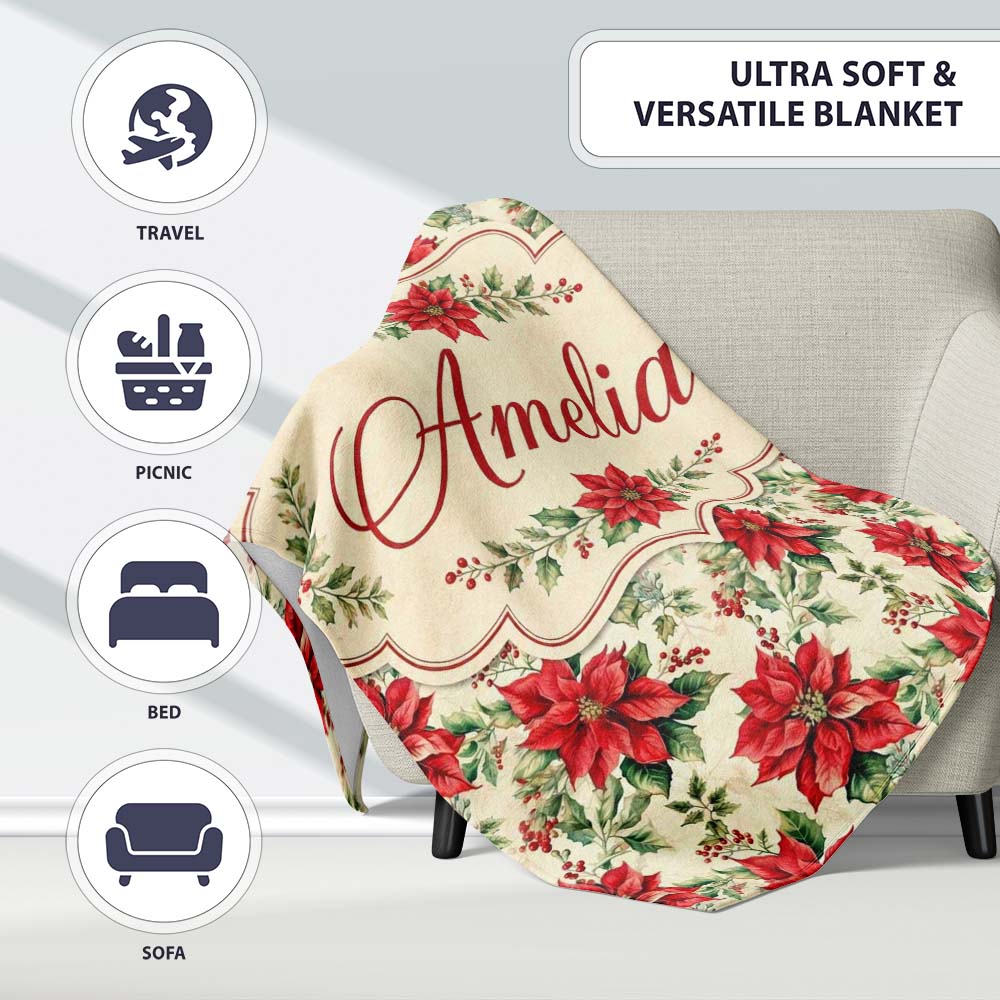 Classic Christmas Poinsettia Floral Cream Background Seamless Lovely  Personalised Custom Name Super Soft Fleece Blanket Bed Sofa Throw