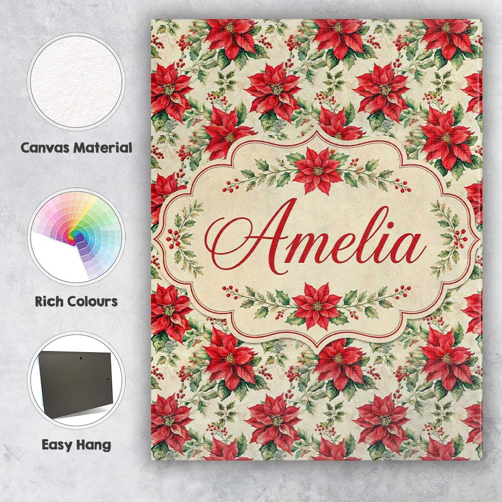 Personalised Name Classic Christmas Poinsettia Floral Cream Unique Gift Idea Custom Made Canvas Wall Art Print Decor Picture Ready to Hang