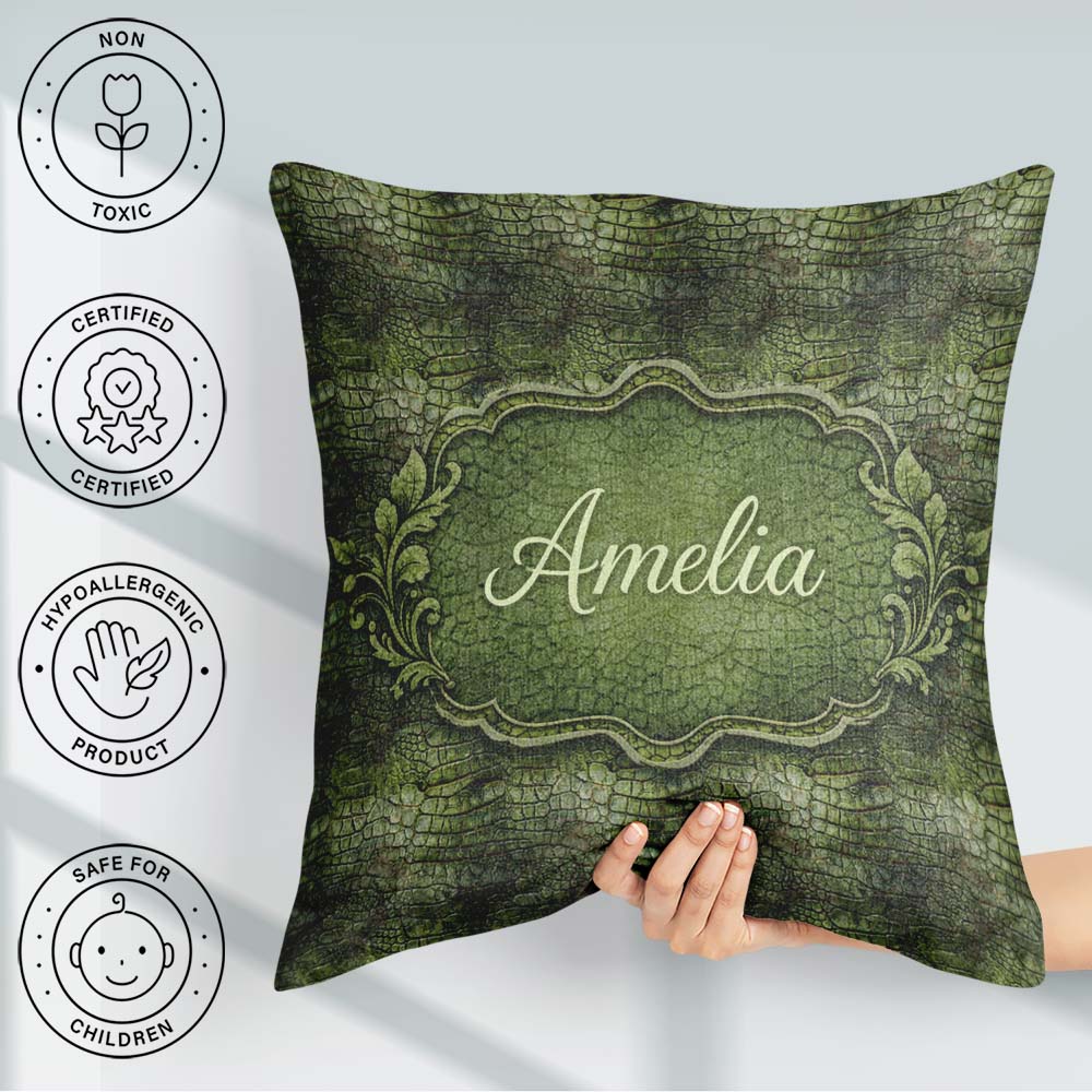 Custom Name Green Crocodile Skin Texture Pattern Thoughtful Idea Square Filled Cushion Throw Pillow Sofa Bed Home Decor Zip Washable UK Made
