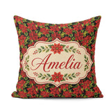 Custom Name Rich Red Poinsettia on Dark Festive Seamless Pattern Square Filled Cushion Throw Pillow Sofa Bed Home Decor Zip Washable UK Made