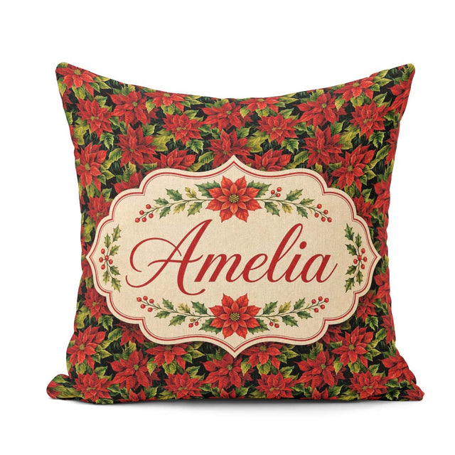 Custom Name Rich Red Poinsettia on Dark Festive Seamless Pattern Square Filled Cushion Throw Pillow Sofa Bed Home Decor Zip Washable UK Made