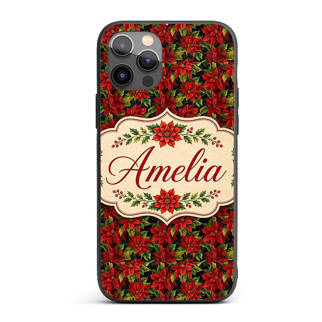 Rich Red Poinsettia on Dark Green Printed Design Custom Name Protective Phone Case Mobile Cover Durable Everyday Smartphone Shock Resistant
