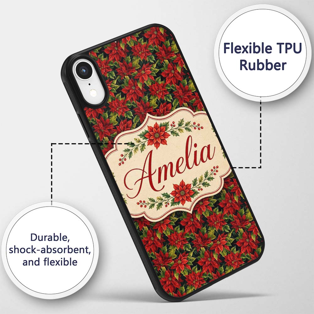 Rich Red Poinsettia on Dark Green Printed Design Custom Name Protective Phone Case Mobile Cover Durable Everyday Smartphone Shock Resistant