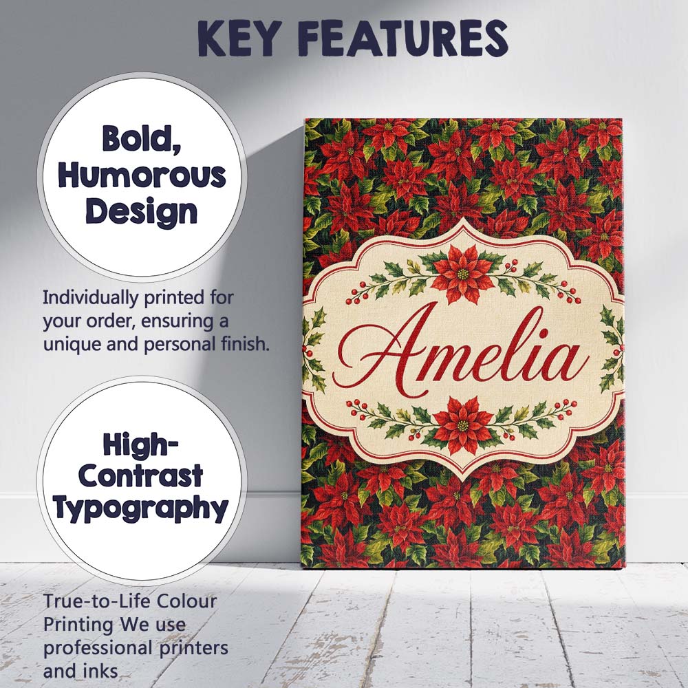Personalised Name Rich Red Poinsettia on Custom  Unique Gift Idea Elegant Feature Canvas Wall Art Print Decor Picture Ready to Hang