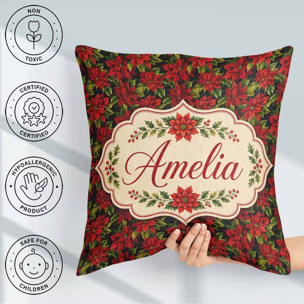 Custom Name Rich Red Poinsettia on Dark Festive Seamless Pattern Square Filled Cushion Throw Pillow Sofa Bed Home Decor Zip Washable UK Made