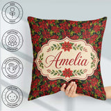 Custom Name Rich Red Poinsettia on Dark Festive Seamless Pattern Square Filled Cushion Throw Pillow Sofa Bed Home Decor Zip Washable UK Made