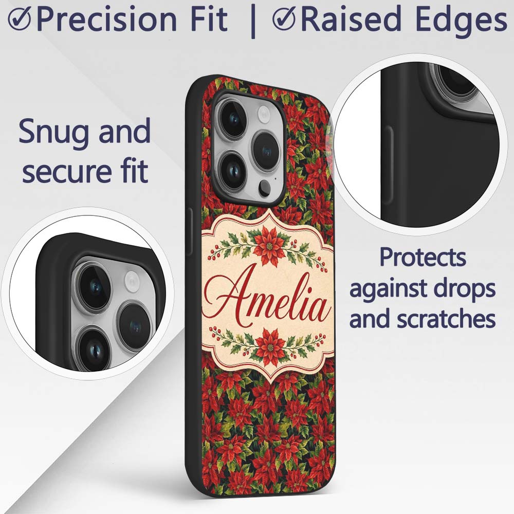 Rich Red Poinsettia on Dark Green Printed Design Custom Name Protective Phone Case Mobile Cover Durable Everyday Smartphone Shock Resistant
