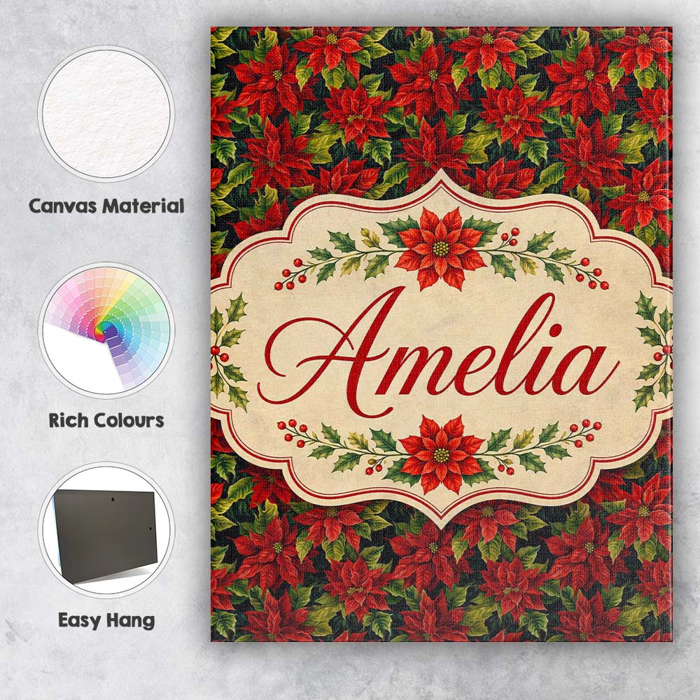 Personalised Name Rich Red Poinsettia on Custom  Unique Gift Idea Elegant Feature Canvas Wall Art Print Decor Picture Ready to Hang