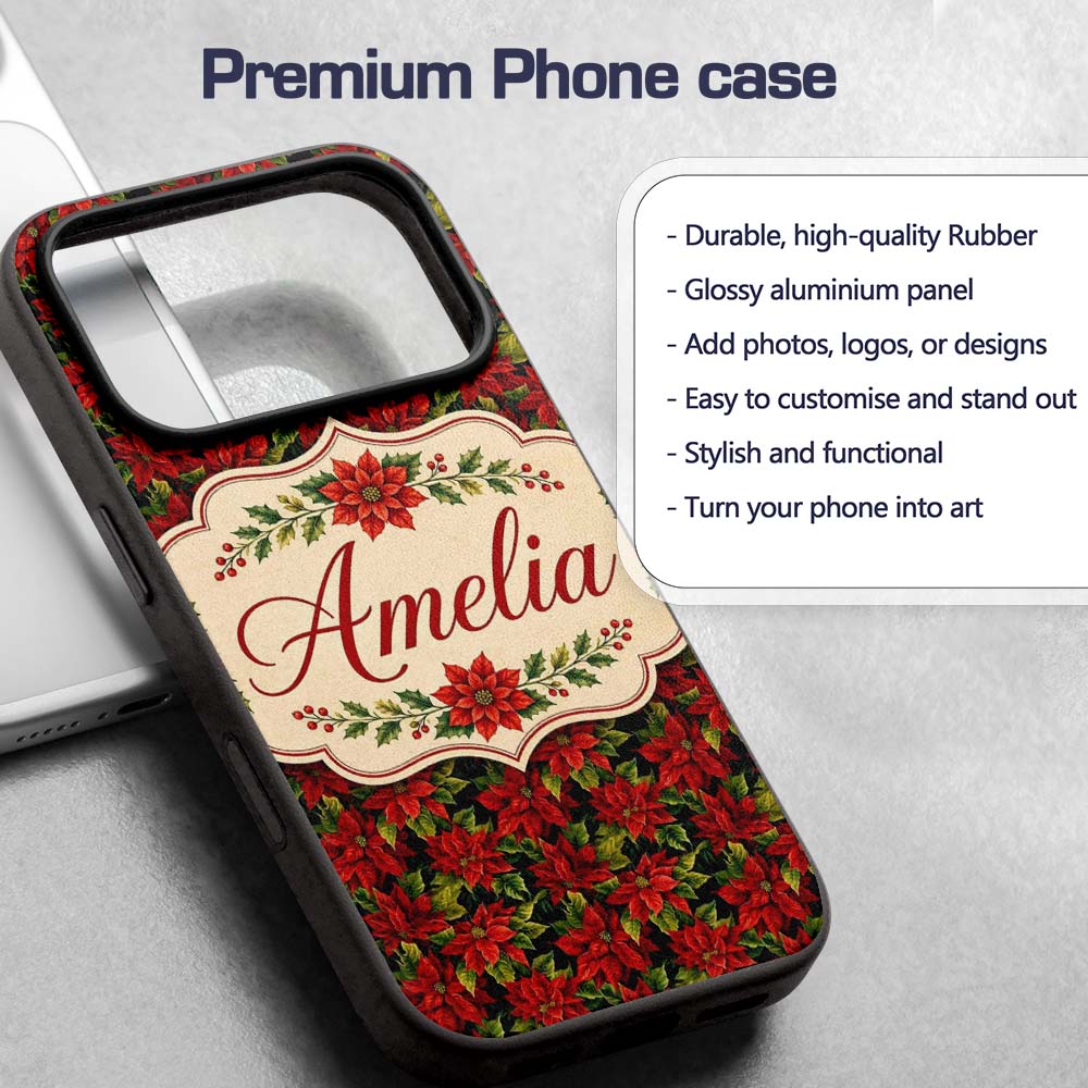 Rich Red Poinsettia on Dark Green Printed Design Custom Name Protective Phone Case Mobile Cover Durable Everyday Smartphone Shock Resistant